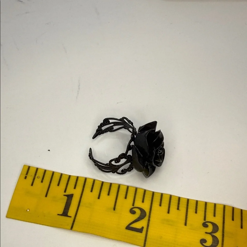 3/$25 Chunky Adjustable Open Black Lace Style with Black Rose Ring Gothic
